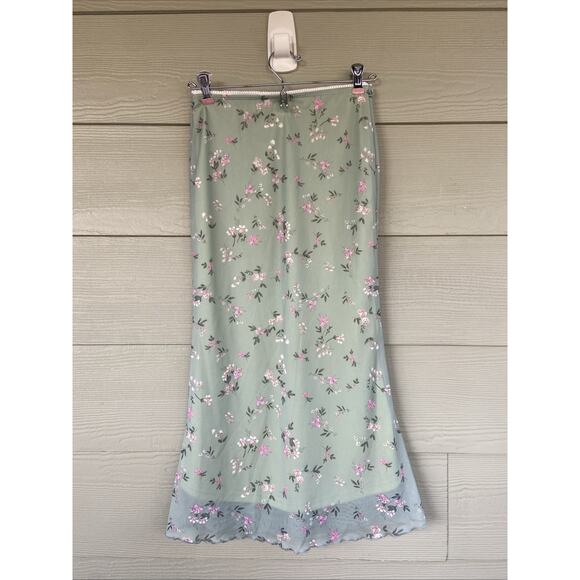 Shein Green Mesh Overlay Pink Floral Flower Cottagecore Midi Skirt Petite XS - Picture 1 of 6